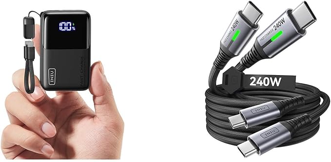 INIU Ultra Small 10000mAh 45W PD Power Bank & 240W Fast Charging [6.6ft, 2-Pack] Type C Charger Cord Combo