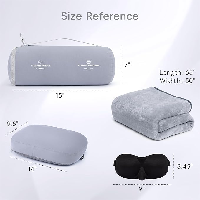 urnexttour 4-in-1 Travel Pillow & Blanket Set with Eye Mask, Memory Foam Neck Support, 50x65 Inch Blanket, Storage Bag for Airplane, Car, Train, Home Travel Grey