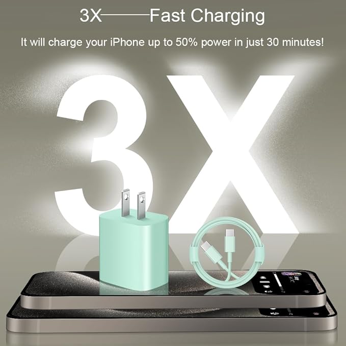 iPhone 17 16 15 Charger Fast Charging 3+3Pack 20W USB C Wall Charger with 10FT Fast Charging Cable Compatible with iPhone 17/17 Air/17 Pro/17 Pro Max/iPhone 16/15 Series, iPad Pro/AirPods -Green