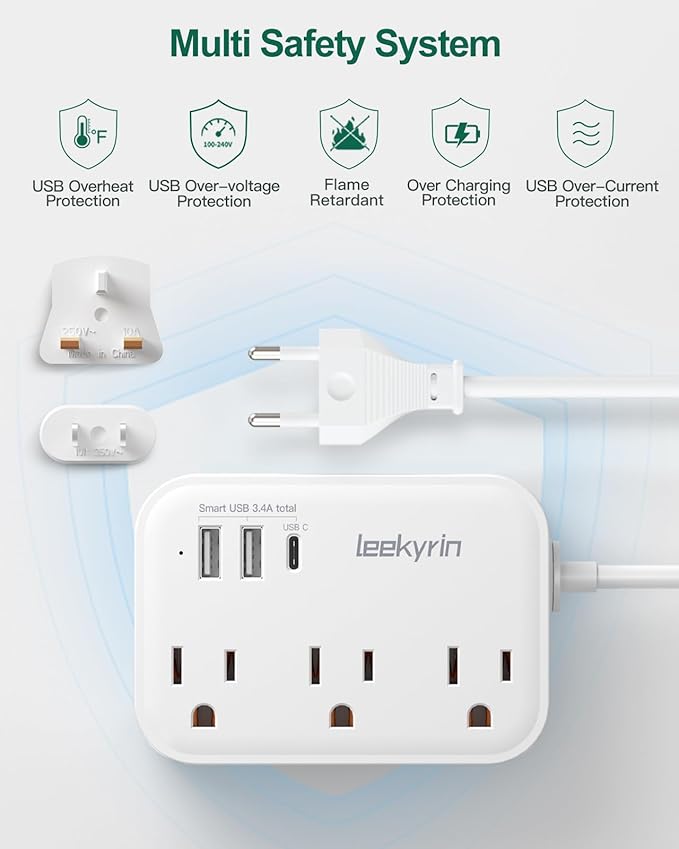 European Travel Plug Adapter, US to UK Europe Power Strip for EU/UK/US with USB C, 3 USB Ports 3 AC Outlets, 3ft Extension Cord, International Travel Power Strip, Type C for Europe EU Germany France