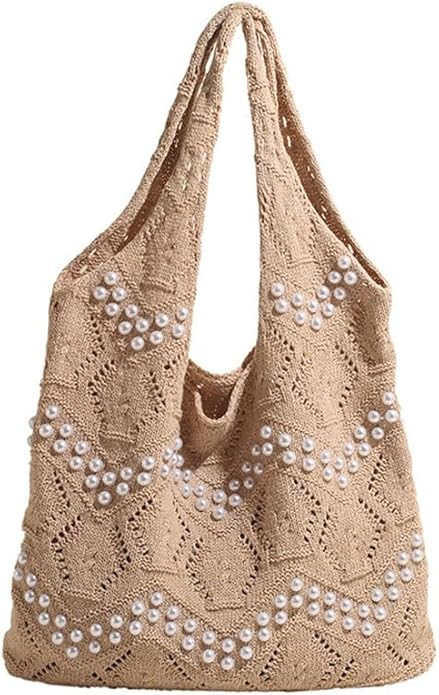 Boho Crochet Beach Tote Shoulder Bag with Colored Beads | Colorful Aesthetic Hippie Knit Bag for Women