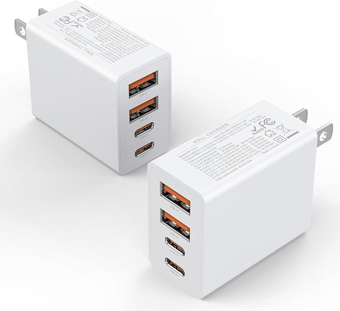 2Pack USB C Charger Block, 40W Fast USB C Wall Charger 4-Port PD Power Adapter + QC Wall Plug Multiport Type C Charging Block Cube for iPhone 17 16 15 Pro Max XR XS 8 7, iPad, Galaxy, Tablet - White