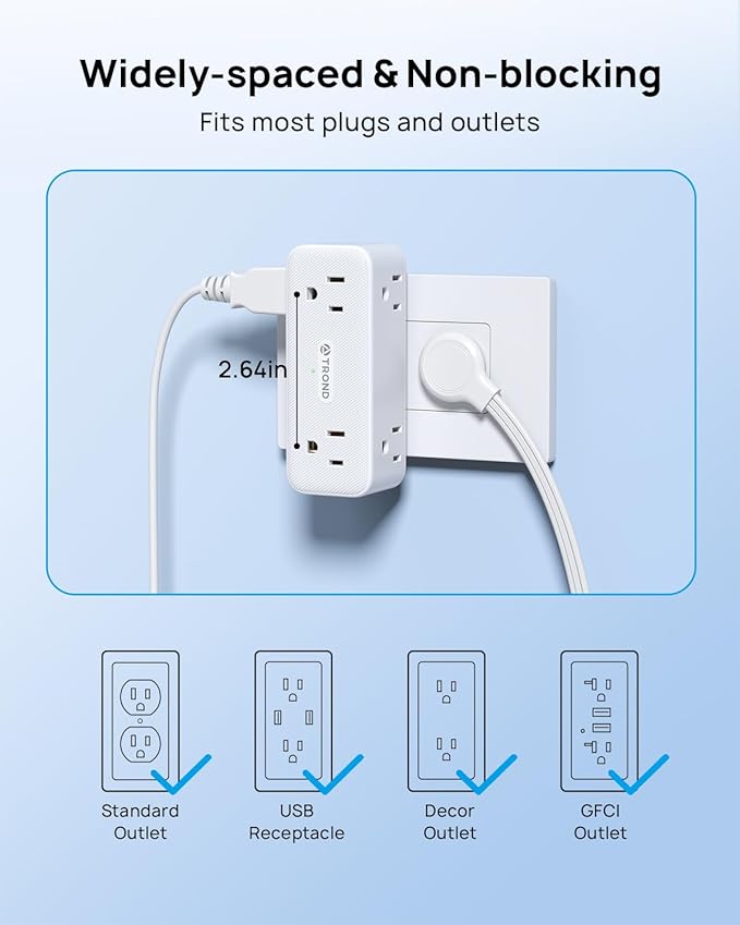 TROND Multi Plug Outlet Extender 2 Pack - 6 AC Outlet Splitter with 360° Rotating Plug, Wall Plug Adapter, 3 Way Multiplug Expander, Swivel Wall Extension Adapter for Bathroom Kitchen Office Travel