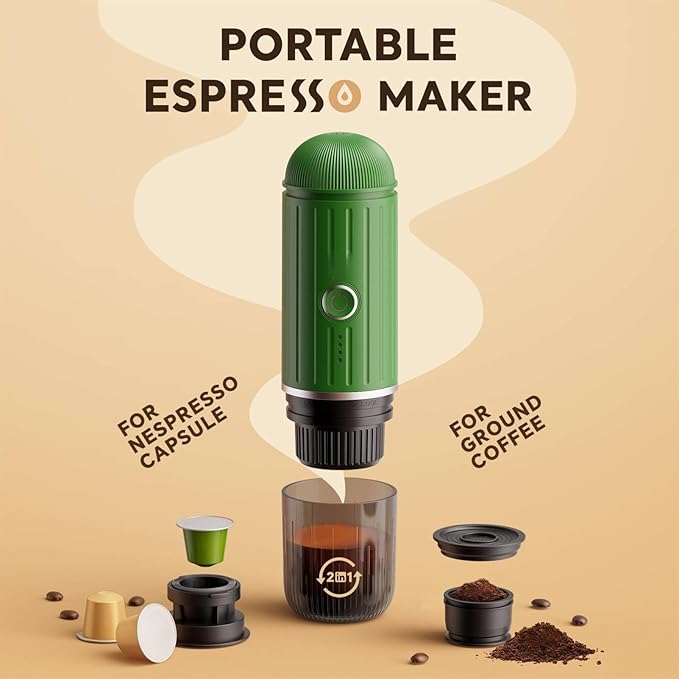 Portable Espresso Machine with 3-4 Min Self-heating, 7800mAh Rechargeable Electric 2-in-1 Coffee Machine Compatible with NS Capsules and Ground Coffee for Car Camping Travelling Office Home , Green