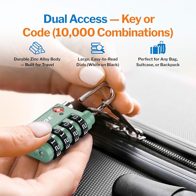 Forge Dual-Opening: Key or Combination Lock, TSA Approved Lock for Luggage, Pelican case, Travel, Gym, School, Luggage Combination Lock, Travel Bag Lock (Green 4 Pk)