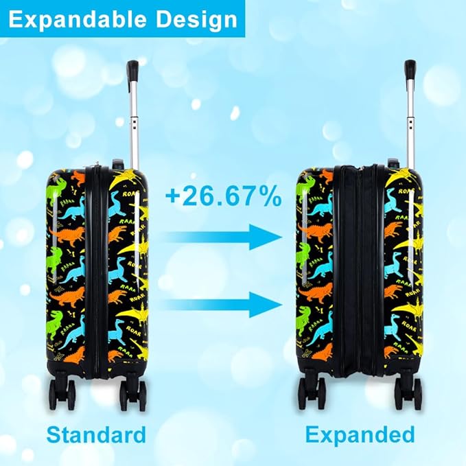 5Pcs Kids Suitcase Set for Boys, 16.5" Hardside Luggage with Spinner Wheels, Dinosaur Travel Carry on Luggage Airline Approved (Black)