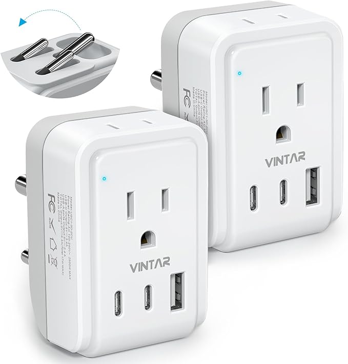 2 Pack US to India Plug Adapter, VINTAR Foldable India Power Adapter with 2 Outlets and 3 USB Ports(2 USB C), 5 in 1 Type D Plug Adapter for US to India Bangladesh Maldives Pakistan Sri Lanka