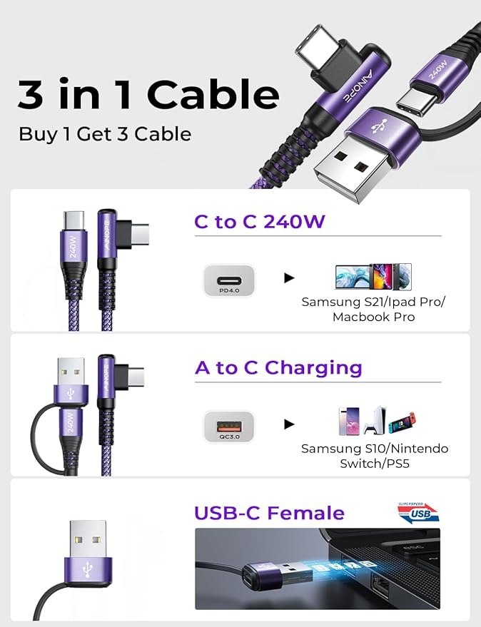 AINOPE 240W Long USB C Cable Multi 4 in 1 Charging Cable Fast Charging C Type Charger Fast Charge USB to USB C,Right Angle Fit iPhone 16 15 Pro Max iPad Samsung 10FT Purple