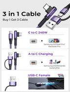 AINOPE 240W Long USB C Cable Multi 4 in 1 Charging Cable Fast Charging C Type Charger Fast Charge USB to USB C,Right Angle Fit iPhone 16 15 Pro Max iPad Samsung 10FT Purple