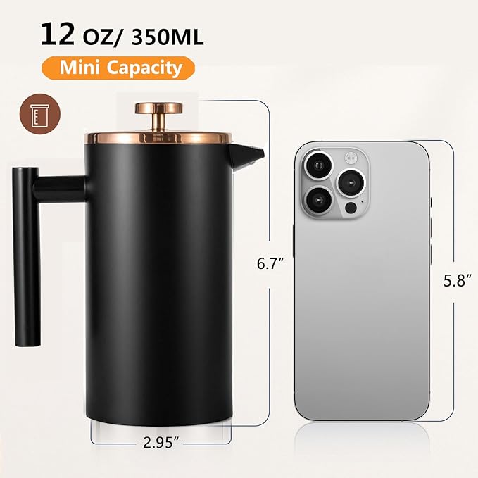 Small French Press Coffee Maker 350ml/12oz, Black Stainless Steel Double-Wall Insulated, Included 2 Extra Filters and 1 Coffee Spoon (1 Cup)