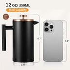 Small French Press Coffee Maker 350ml/12oz, Black Stainless Steel Double-Wall Insulated, Included 2 Extra Filters and 1 Coffee Spoon (1 Cup)