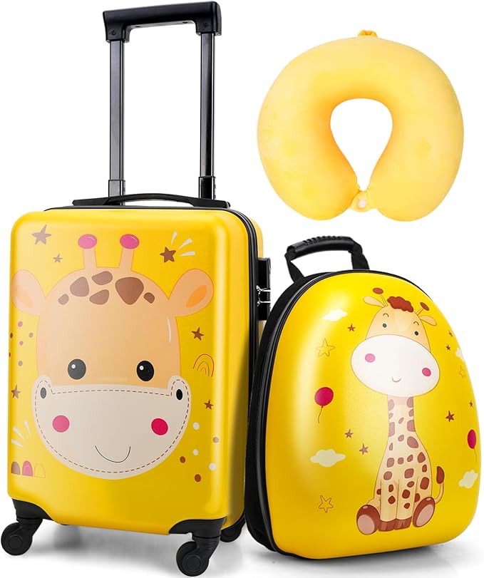 emissary Kids Luggage with Wheels, Hardside Toddler Carry On Suitcase Set, Lightweight Rolling Travel Bag for Boys and Girls, Airline Approved Travel Gifts - Yellow Giraffe