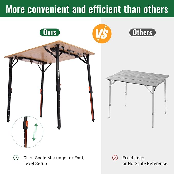 KingCamp Bamboo Folding Table, 4-Fold Camping Adjustable Height Portable Outdoor Lightweight & Compact Table with Aluminum Frame for RV Picnic BBQ Tailgating