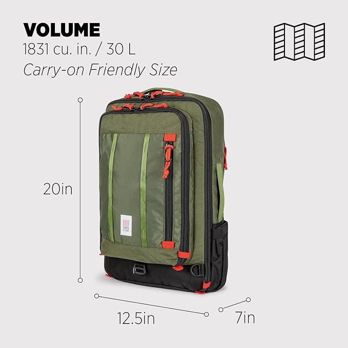 Topo Designs Global Travel Bag – 30L or 40L - Carry-On Compliant Most Airlines, Durable Travel Duffel Bag, Clam Shell Main Pocket, Laptop Sleeve, Backpack, Luggage (30L / Olive)