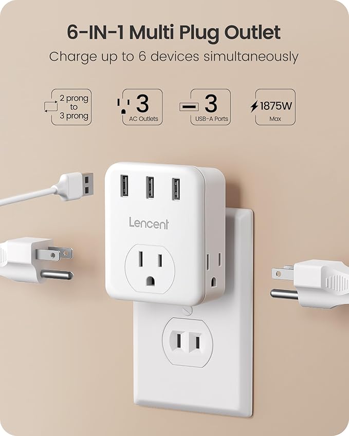 LENCENT 3 Prong to 2 Prong Adapter, 2 Pack, 3 Outlets Extender with 3 USB Ports, Wall Charger, Multi Plug Extender Splitter, Travel Adaptor for US to Japan Philippines-Type A