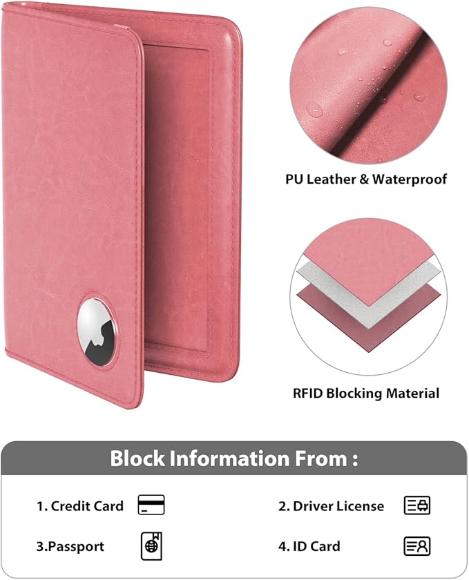 Stouchi AirTag Passport Holder, Cute Passport Holder with Airtag Slot, RFID Passport Wallet Cover for Women, Family Leather Passport Protector Case, Anti-Lost Travel Essentials, Pink