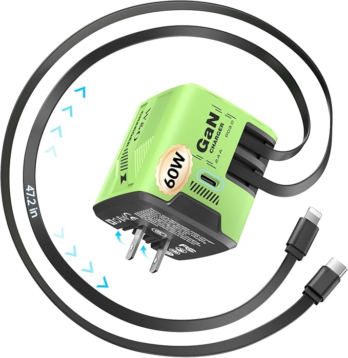 W & O 60W gan Fast Charger for iPhone, Retractable Phone Charger Wall Plug with Type‑C & Compatible Lightning Cables,for iPhone 17/16/15, Galaxy S25/24,Android Devices（Green）