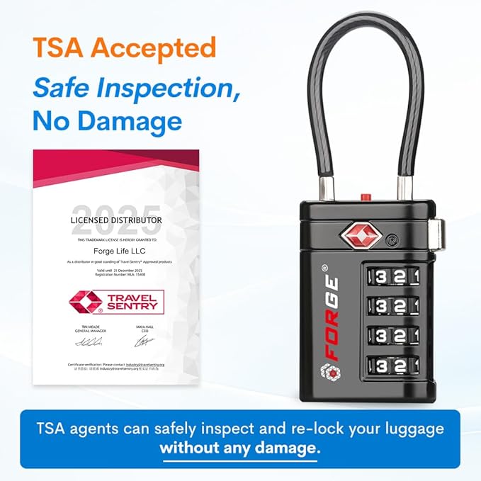 Forge TSA Approved Luggage Locks 4 Digit Combination TSA Travel Locks with TSA008, Open Alert Indicator, Zinc Alloy Body for Luggage, Suitcase, Backpack, and More. Black 4 Locks.
