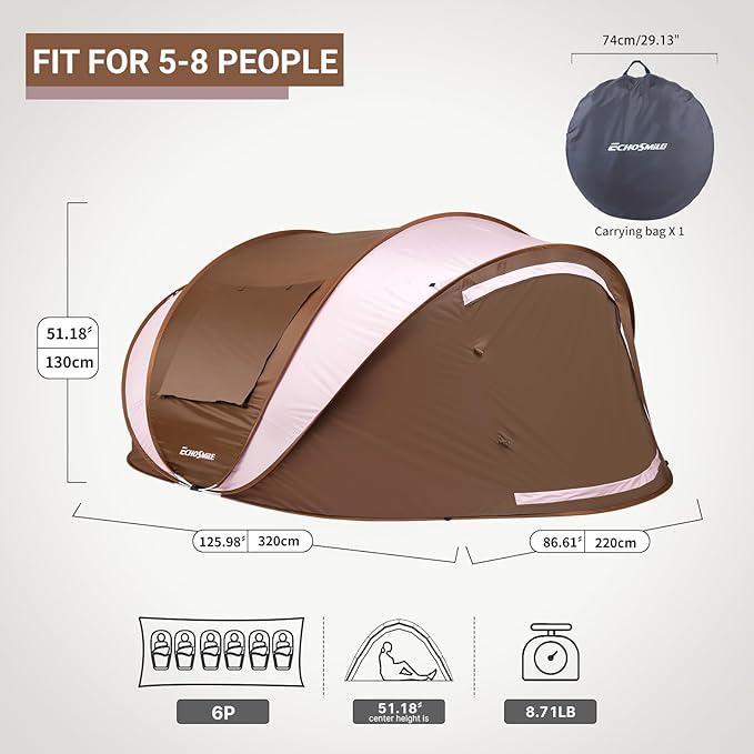EchoSmile Pop Up Camping Tent, 2/4/6 Person Easy Setup Tent, Water Resistant Dome, Portable with Carry Bag