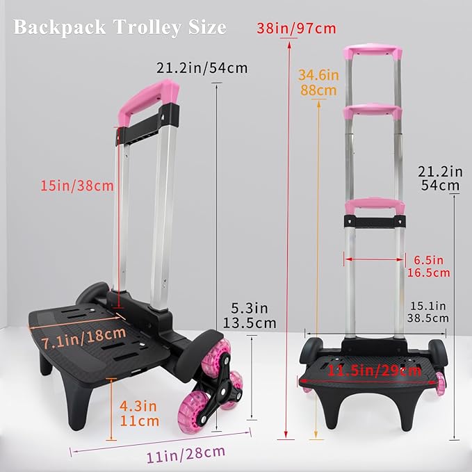 Lightweight Foldable Backpack Trolley – Pink 3-Wheel Rolling Hand Truck with Strap, Portable Folding Cart for Backpack, Travel, Commuting, and Daily Utility Use