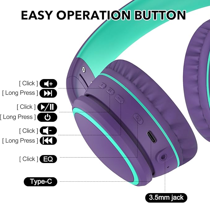 B10 Bluetooth Headphones Over Ear, 2 EQ Music Modes(Normal/Bass) and 50H Playtime Wireless Headphones with Mic, Lightweight Folding HiFi Stereo Headset for iPad/Travel/Tablet/PC/Home (Purple)