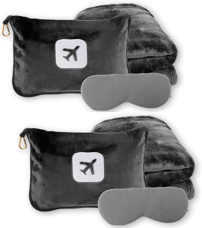 2 Pack Portable Travel Blanket and Pillow - Premium Soft 2 in 1 Airplane Blanket with Compact Pack Soft Bag Pillowcase, Hand Luggage Sleeve and Backpack Clip (Gray)