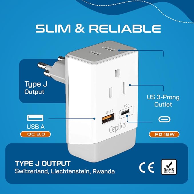 Ceptics Switzerland Plug Adapter, Travel with QC 3.0 & PD, Safe Dual USB & USB-C - 2 USA Socket Compact & Powerful - Quick Charge 3.0 & Power Delivery - Type J AP-11A - Fast Charging