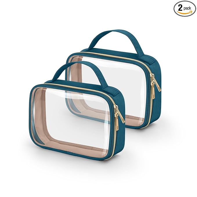 Wedama TSA Approved Toiletry Bag, 2 Pack Clear Makeup Bags with Handles, Quart Size Clear Toiletry Bags, PVC Cosmetic Bag for Women and Men, Carry on Airport Airline Compliant Bag, Til Blue