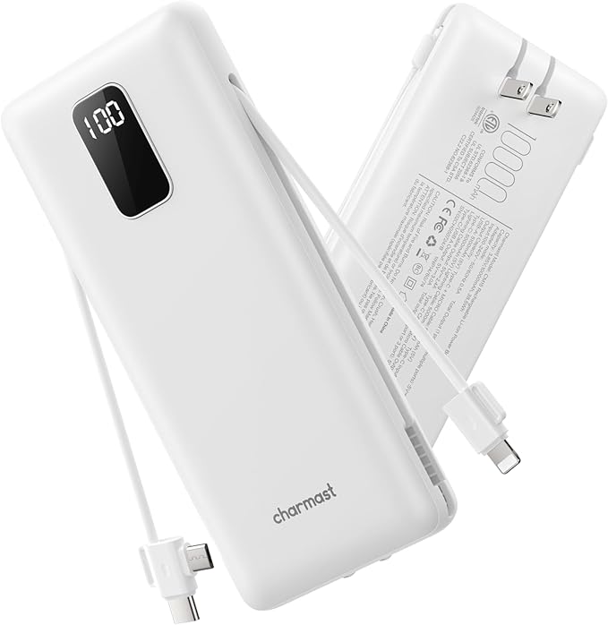 charmast Portable Charger with Built-in Cables and Plug, 10000mAh USB C Power Bank Fast Charging, External Battery Pack Slim, Travel Essentials Compatible with iPhones, Samsung Galaxy, iPad