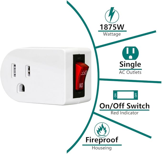 Grounded Outlet Adapter, ANKO ETL Listed Wall Tap Adapter with Red Indicator On/Off Power Switch (4 Pack)