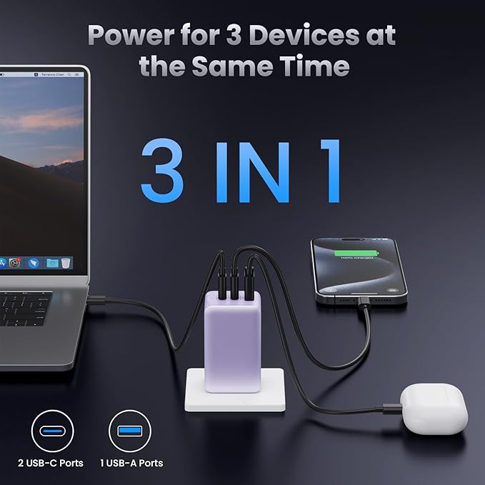 128W USB C Wall Charger,GaN III 3-Port Fast Charging Station,PD QC Foldable Charger Block Portable 65W Laptop Adapter for MacBook Pro/Air,iPad Pro,Galaxy S23,Dell XPS 13,iPhone 17/16/Pro etc