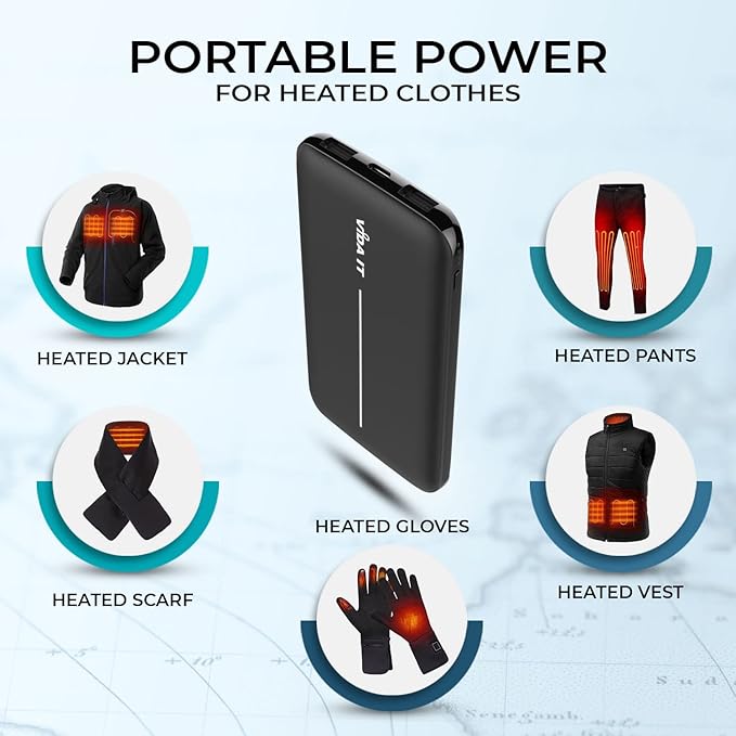 Slim USB 5V 2A Power Bank for Heated Clothing Vest Jacket Battery Pack for Heated Hoodie Coat 10000mAh Portable Phone Charger for iPhone Samsung Cellphone USBC Power Pack for Heated Seat Chair