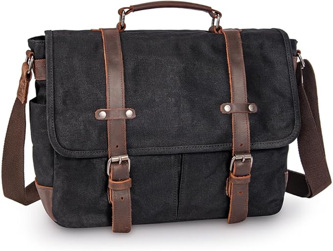 Vintage Genuine Leather Waxed Canvas Briefcase Large Satchel Shoulder Bag Rugged Computer 15.6" Laptop Bag