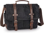 Vintage Genuine Leather Waxed Canvas Briefcase Large Satchel Shoulder Bag Rugged Computer 15.6" Laptop Bag