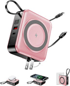 6-in-1 for Magsafe Portable Charger with Built-in Cables & Wall Plug,10000mAh Magnetic Wireless Power Bank,22.5W Fast Charging USB C Battery Pack,Travel Essentials for iPhone 17/16/15/14/13/12,Pink