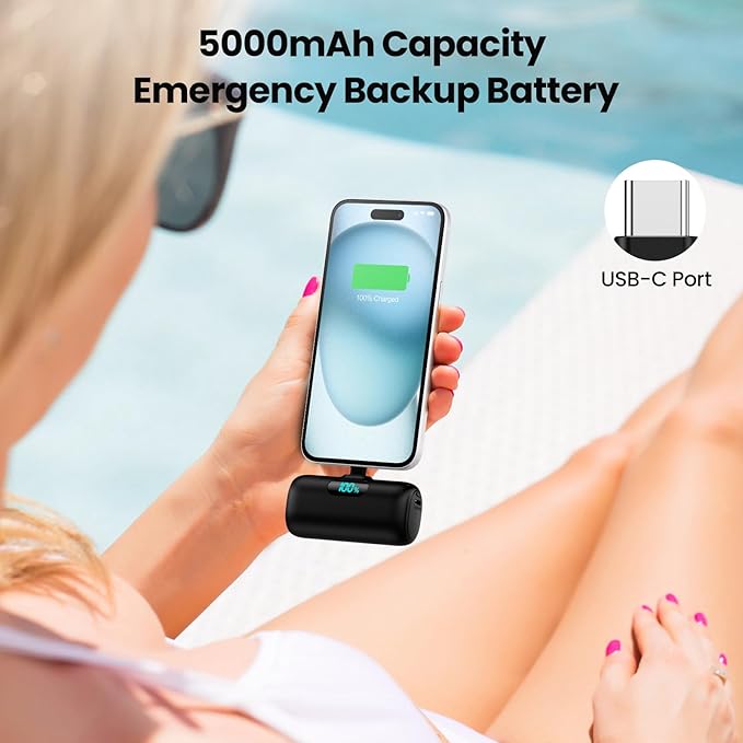 [2-Pack] Mini Portable Charger USB C Power Bank,Upgraded 5000mAh PD Fast Charging Battery Pack Built-in USB-C Connector Travel Essential for iPhone17/17Pro/17Pro Max/Air/16 Plus/16Pro Max/15 Series