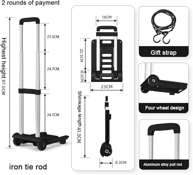 Portable Folding Hand Truck for Luggage Lightweight Adjustable Utility Cart Stair Climbing Shopping Trolley Express Cart for Suitcases and Storage (2 Wheel Iron)