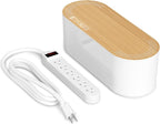 D-Line Cable Management Box with 6 AC Outlet 6ft Power Strip, Hide Extension Cords and Excess Wire Clutter, 12.75in (L) x 5in (H) x 4.5in (W) - Small, White with Wood-Lid
