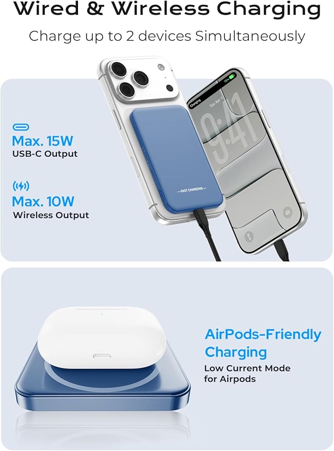 Aobbow Magnetic Portable Charger, 5000mAh Ultra Slim Power Bank, 15W Fast Charging for Magsafe Battery Pack, Travel Essential Wireless Charger Compatible with iPhone 17/16/15 Series - Dark Blue