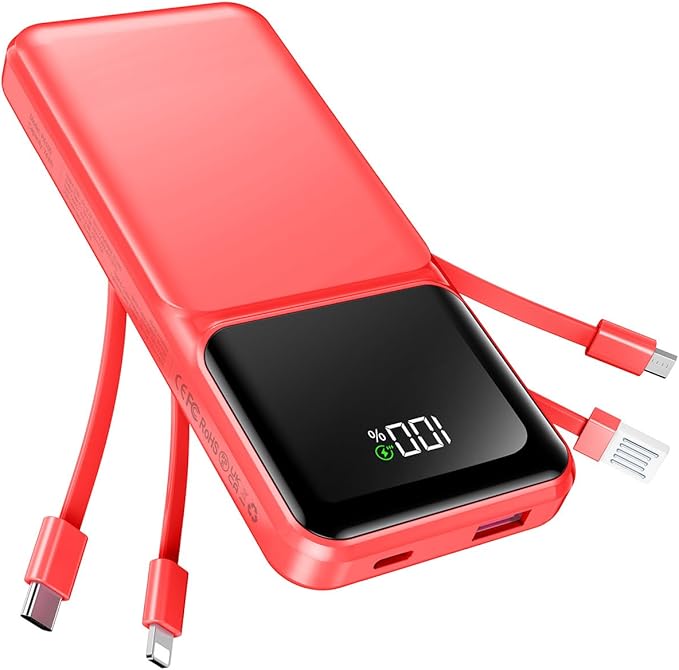 RONEGN Portable Charger with Built in Cable -20000mAh Fast Charging Power Bank USB C Slim 22.5W LED Display Battery Pack 5 Outputs & 3 Inputs for Travel Essentials iPhone Samsung Phones Red