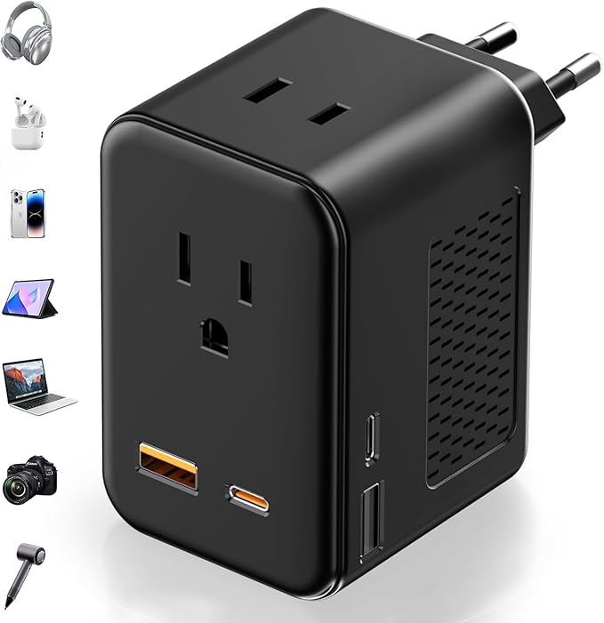 220V to 110V Voltage Converter US to Europe, Travel Adapter Plug Converter for European with 20W PD & 2USB-A & 2USB-C, European Power Converter Combo USA to Spain Italy France, Black