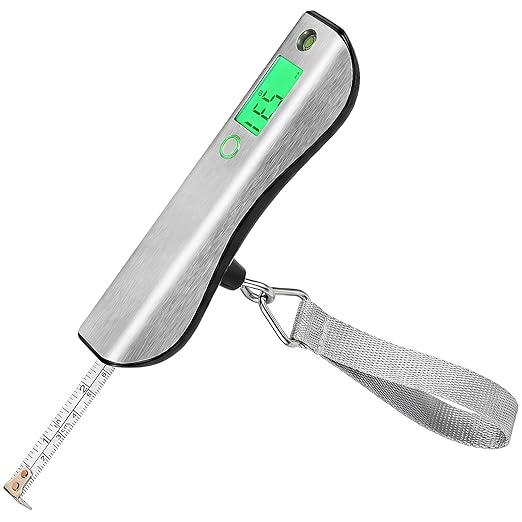 Digital Luggage Scale 110lb/50kg with 3FT Tape Measure, 4 Units, Peak & Hold Mode, Bubble Level, Portable Handheld Suitcase Weight Scale for Travel Essentials