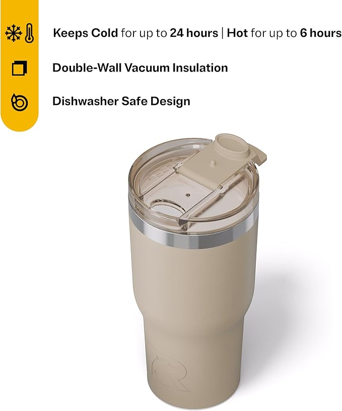 RTIC 20oz Essential Tumbler with Lid, Ceramic Lined, Insulated, Stainless Steel, Metal, Double Wall Vacuum-Insulation, Travel Cup for Iced Coffee, Tea, Hot and Cold Drink, Beach