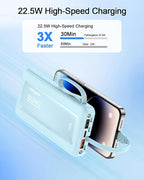 Portable Charger with Built in Cables, Slim 10000mAh Fast Charging 22.5W Power Bank USB C LED Display Battery Pack 6 Outputs & 2 Inputs for iPhone Samsung Pixel LG Moto iPad