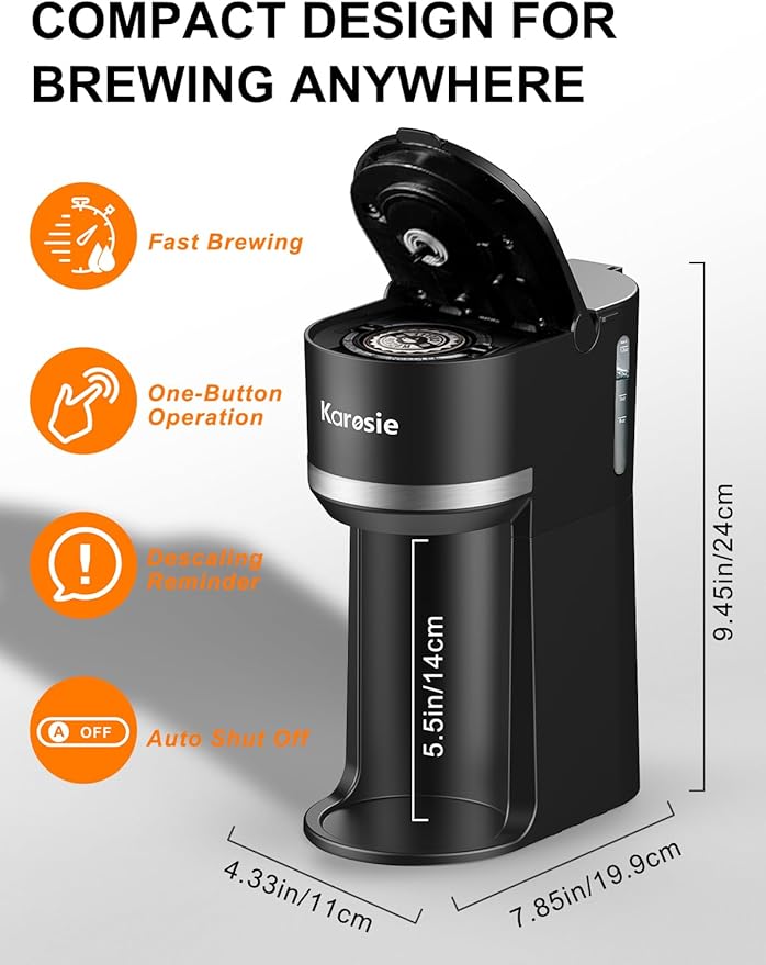 Single Serve Coffee Maker for K-Cup and Grounds, Fast Brew, 6-12 oz Brew Sizes Single Cup Coffee Maker Fits 5.5" Mugs, One-Button Small Coffee Maker, Descaling Reminder,Black,9.45 Inches