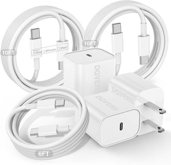 Fast Charger for iPhone 17 16 15 Charger Fast Charging 3Pack, 6+10+10ft USBC to USBC Cable Cord &20W Type C Block for iPhone 17/17 Air/17 Pro Max/17 Pro/16 15 Pro Max/Pro/Plus,iPad Pro/Air/Mini