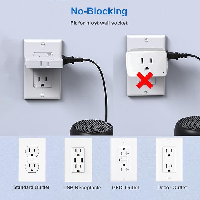 ETwinCoo 3 Way Flat Wall Outlet Extender, 2 Prong Mini Flat Wall Plug Adapter, Rotatable Flat Outlet Adapter(Easy Install & Safe), Type A,Multiple Color (6 Pack)