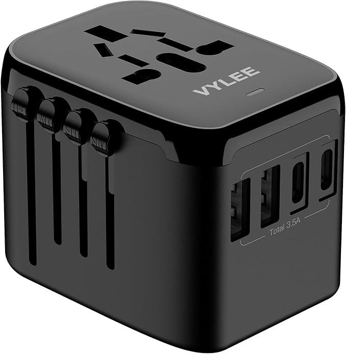 Universal Travel Adapter, VYLEE 5 in 1 International Power Adapter, 3.5A 2xUSB-A and 2xUSB C Wall Charger, Worldwide Travel Essentials Plug for Europe USA UK AUS Asia (Black)