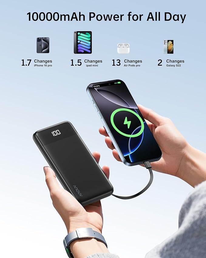 Portable Charger with Built-in Cables 10000mAh Power Bank with Cords, Slim Battery Pack with LED Display, Travel Essential Portable Charger for iPhone 17/16/15/14 Series, Android Samsung Google Pixel