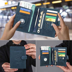 CONTACTS Full Grain Leather Passport Holder Compatible with Airtag RFID Blocking Passport Wallet Travel Slim Passport Cover with SIM Card Removal Tool (Bagde, Blue)